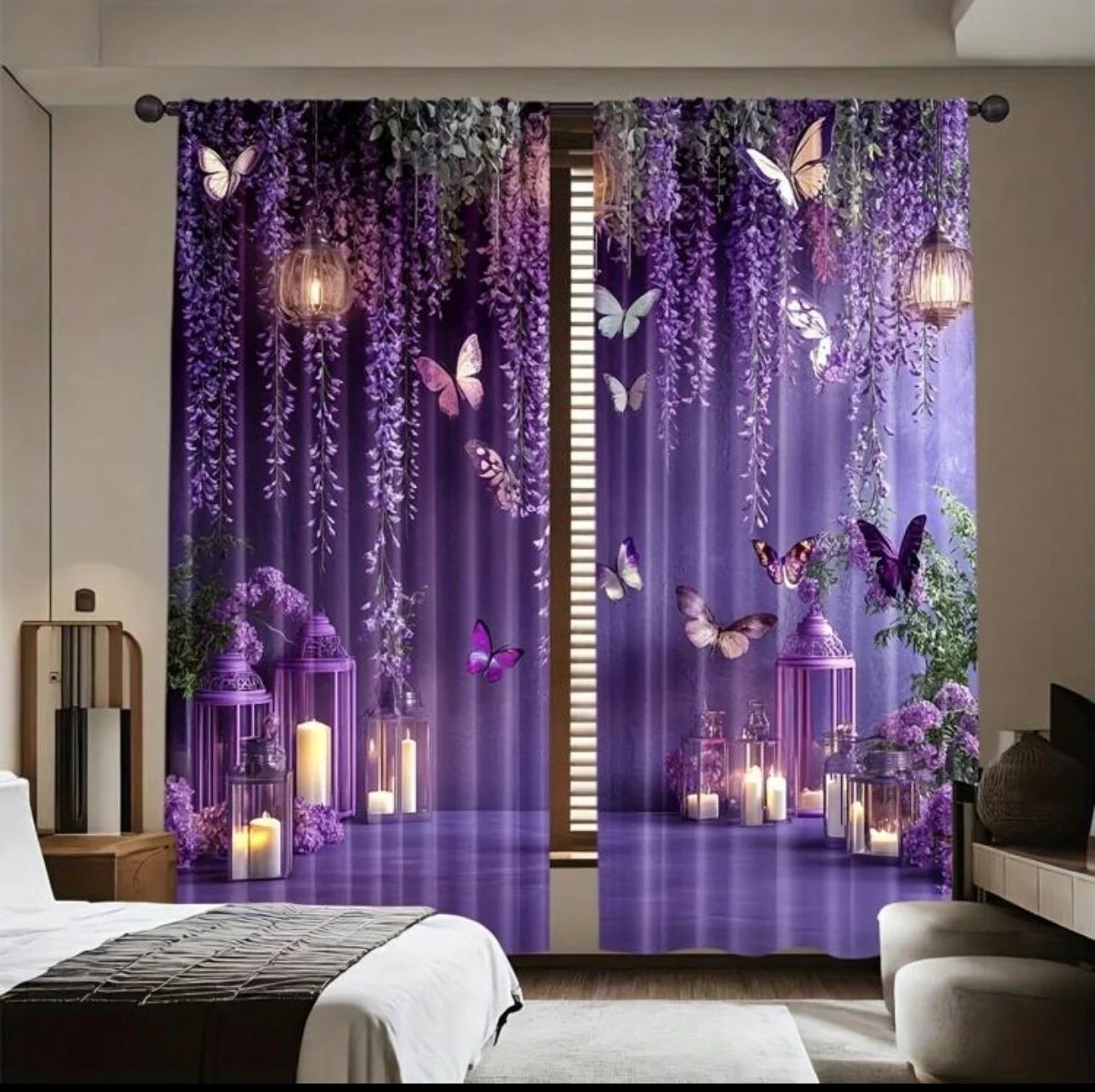 Office Technician - VIKAMA Romantic Purple Floral Butterfly Curtains